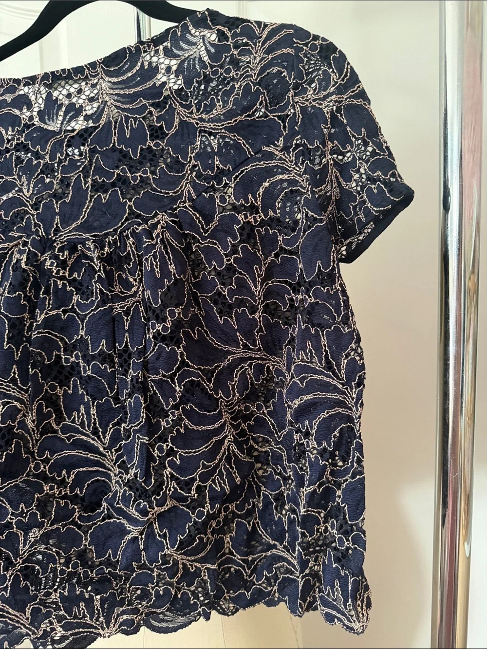 Zara Navy Lace Cropped Short Sleeve Blouse Size L - Picture 11 of 12